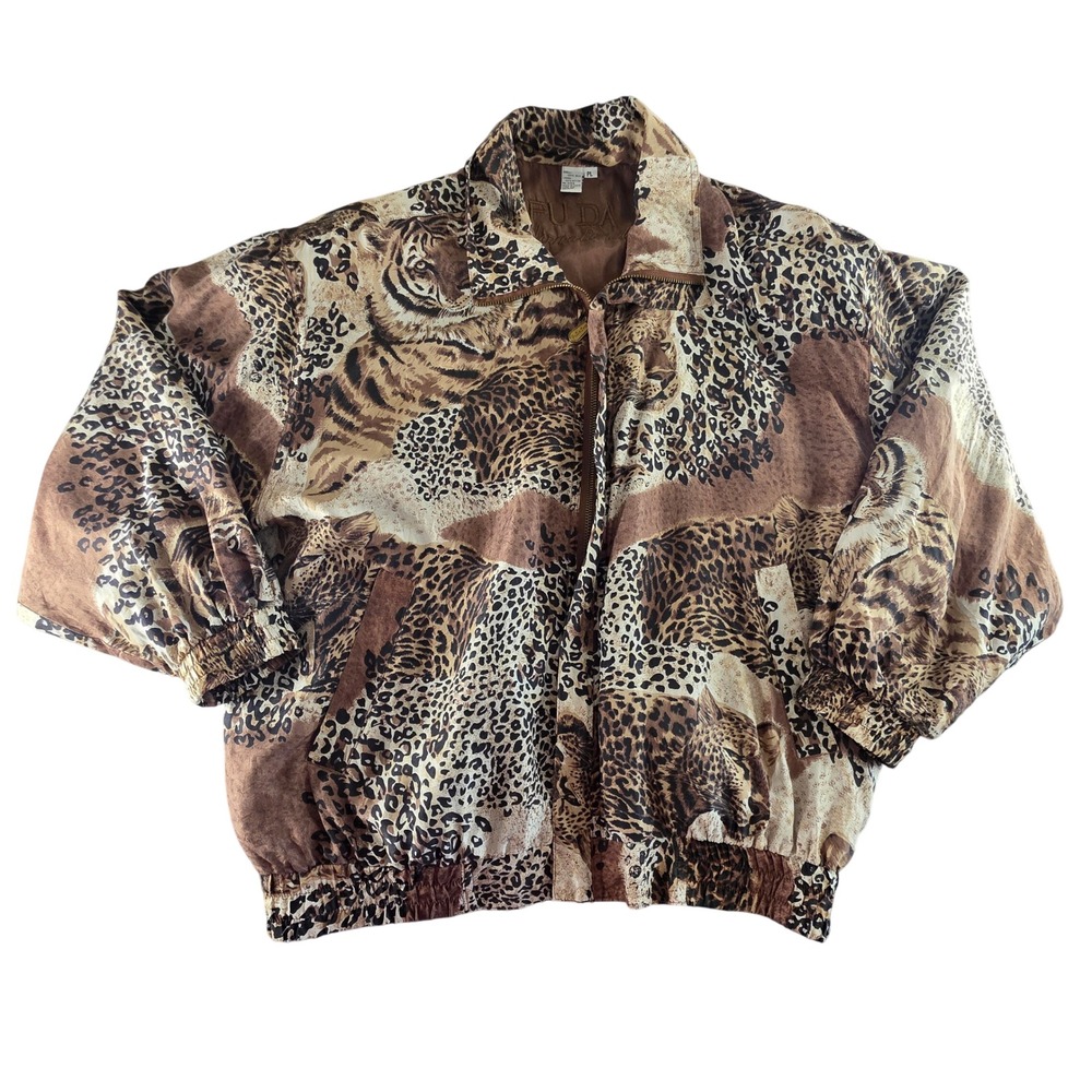 Fuda International Silk Bomber Jacket Vintage Animal Print Tiger Leopard Large‎